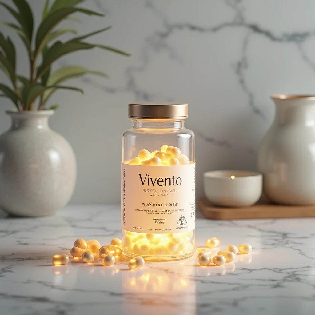Vivento natural wellness supplement bottle with ambient glow